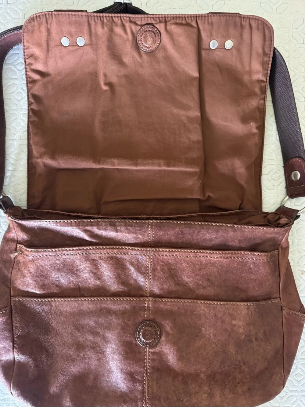Fossil Brown Leather Laptop Messenger with Floral Stitching